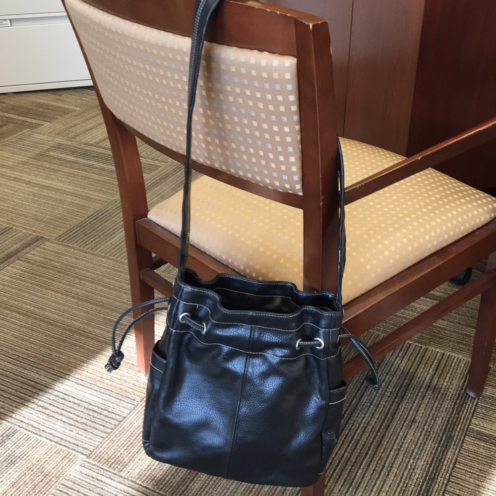 Black vinyl bucket purse